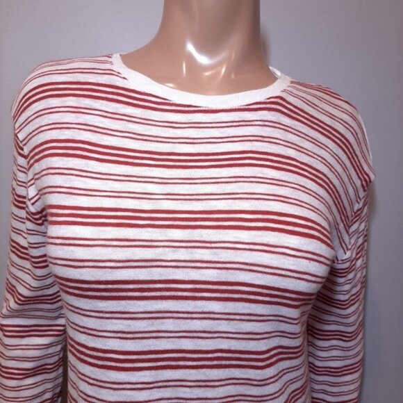 3/$20 Denver Hayes Striped Knit Top Faux Layered Hem Cotton Burgundy White - Picture 2 of 13